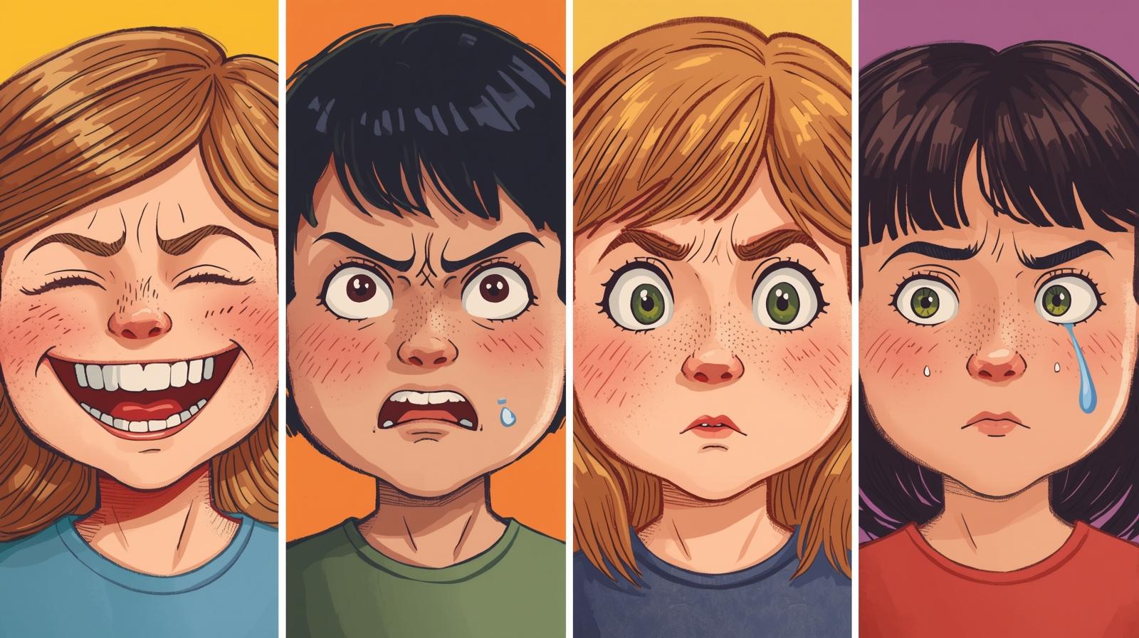 symbolique des enfants exprimant différentes émotions – joie, colère, peur, tristesse – illustrant la richesse du monde émotionnel de l’enfance.