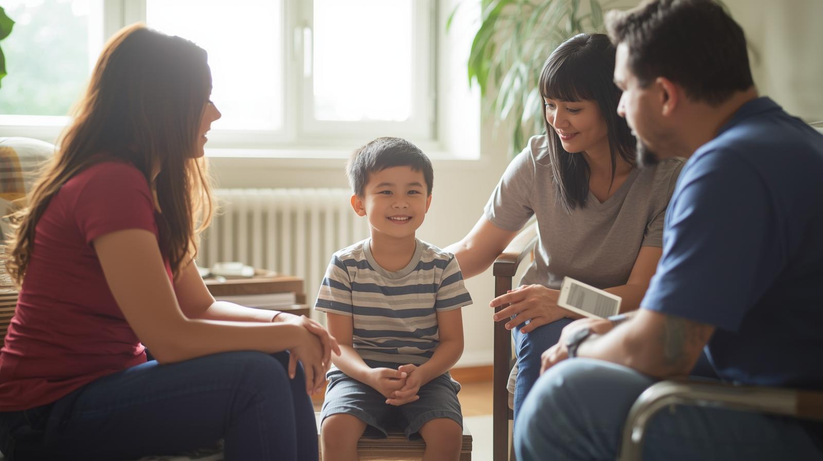 un enfant accompagné de ses parents dans un cabinet chaleureux, évoquant la confiance et le dialogue avec le pédopsychiatre. (3)