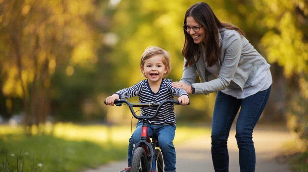 Le développement affectif de l’enfant : comment se construit la confiance en soi ? un enfant qui apprend à faire du vélo sous le regard bienveillant d’un parent, symbole de confiance et d’encouragement.
